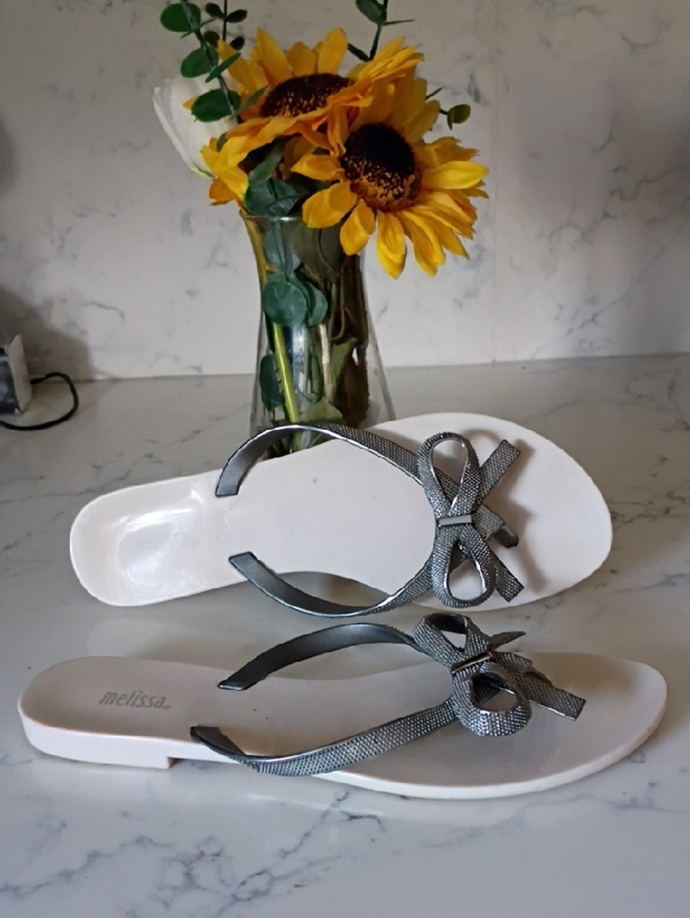 Melissa White Footbed Sandals with Silver Bow Straps